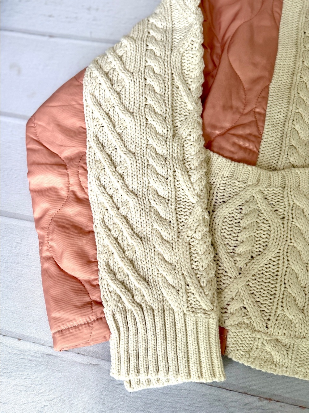 POL Cream Cable Knit Cardigan Quilted Pink Satin Patchwork Button Front Size M - Picture 8 of 15